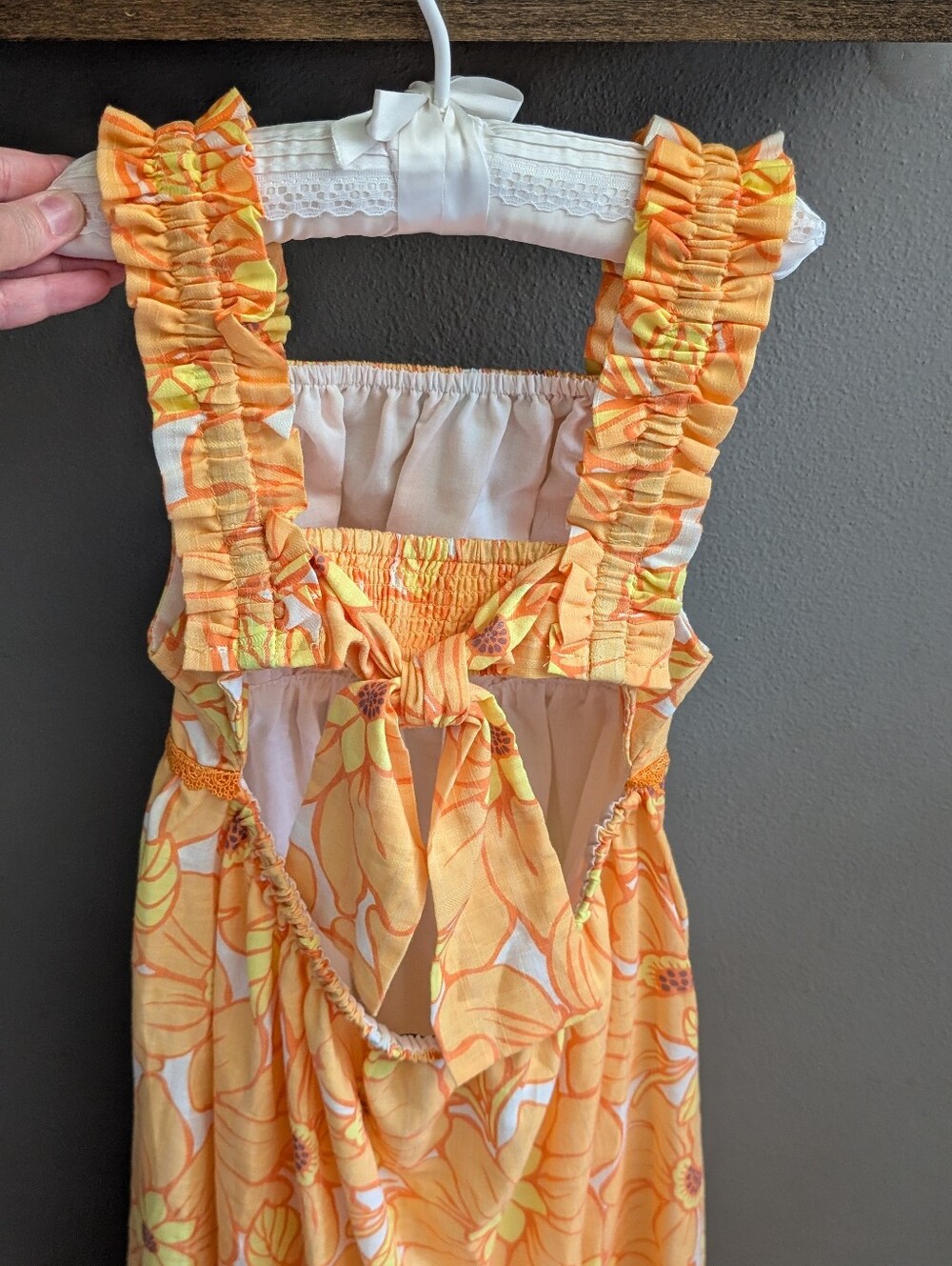 Rachel Zoe Girls Floral Maxi Dress Size 8 Orange Yellow Tie Back Smocked Ruffle - Picture 4 of 6
